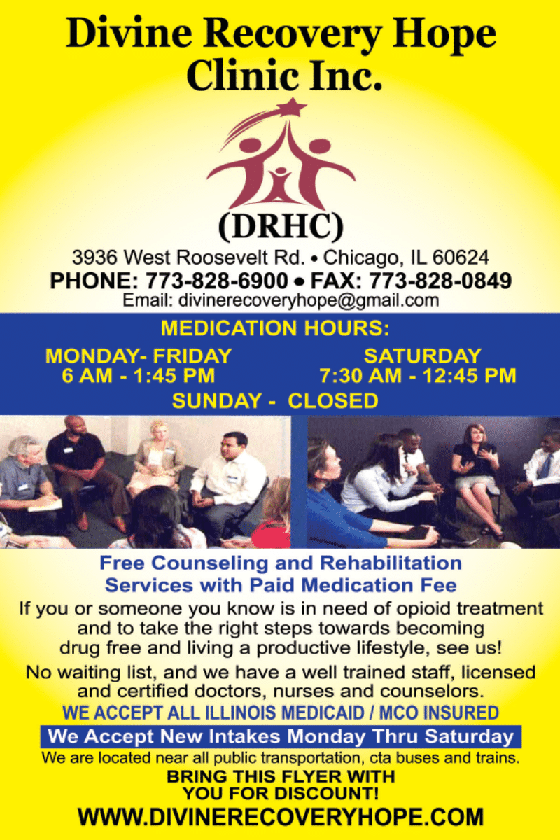 Divine Recovery Hope Clinic flyer in English with contact information and medication hours